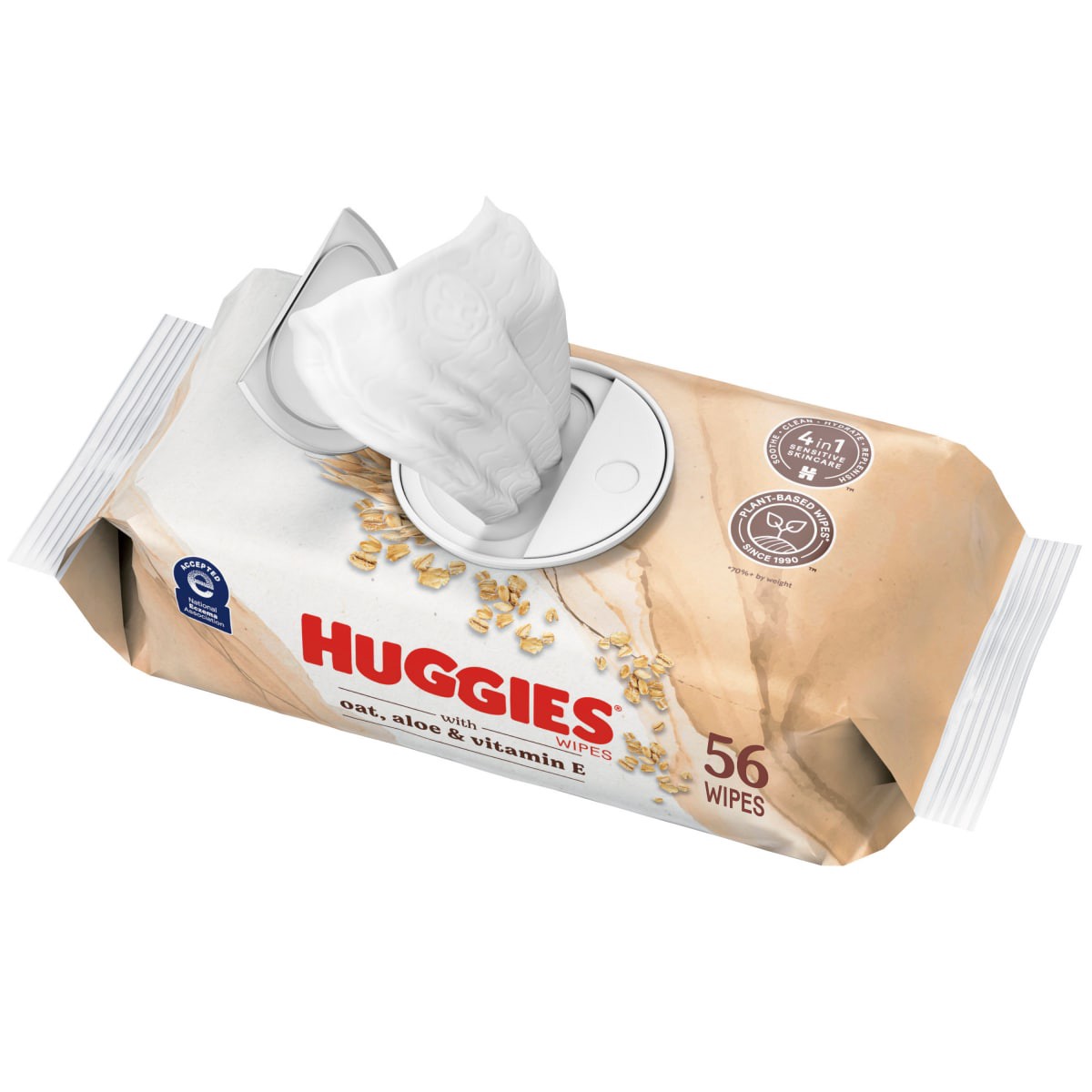 slide 1 of 1, Huggies Wipes with Oat\, Aloe & Vitamin E\, Unscented\, 1 Push Button Pack (56 Wipes Total), 1 PK