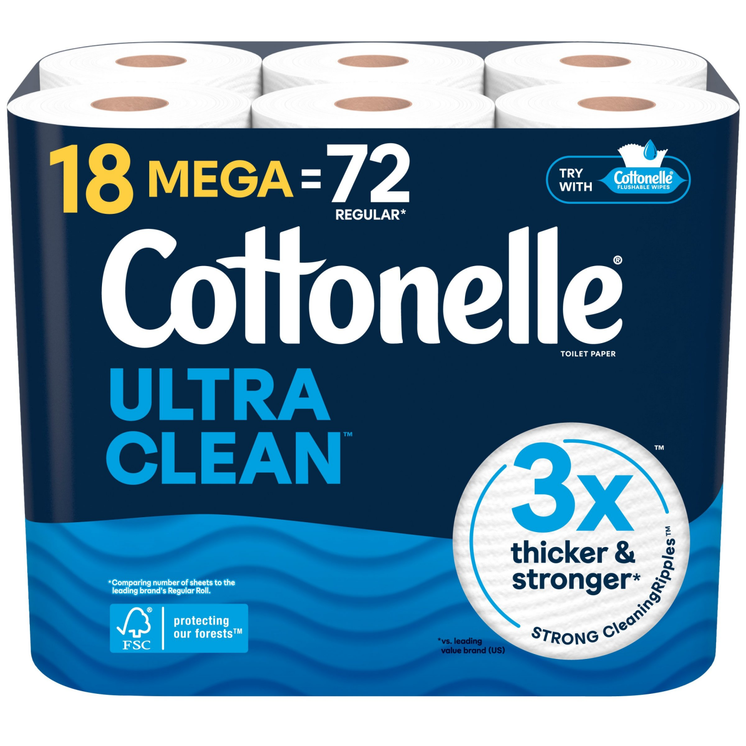 slide 1 of 8, Cottonelle Ultra Clean Toilet Paper, Strong Toilet Tissue, 18 Mega Rolls (18 Mega Rolls = 72 Regular Rolls), 284 Sheets Per Roll, 18 ct
