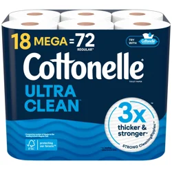 Cottonelle Ultra Clean Toilet Paper, Strong Toilet Tissue, 18 Mega Rolls (18 Mega Rolls = 72 Regular Rolls), 284 Sheets Per Roll