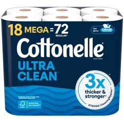 Cottonelle Ultra Clean Toilet Paper, Strong Toilet Tissue, 18 Mega Rolls (18 Mega Rolls = 72 Regular Rolls), 284 Sheets Per Roll