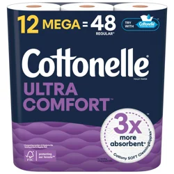 Cottonelle Ultra Comfort Toilet Paper, Strong Toilet Tissue, 12 Mega Rolls (12 Mega Rolls = 48 Regular Rolls), 244 Sheets Per Roll