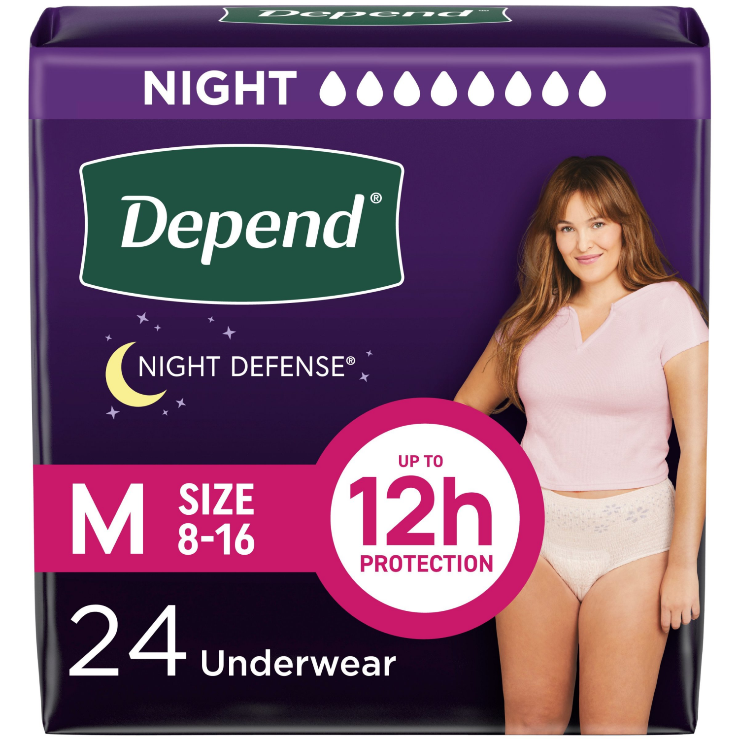 slide 1 of 7, Depend Night Defense Adult Incontinence & Postpartum Bladder Leak Underwear for Women, Overnight, Medium, Blush, 24 Count, 24 ct