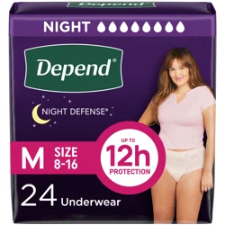 Depend Night Defense Adult Incontinence & Postpartum Bladder Leak Underwear for Women, Overnight, Medium, Blush, 24 Count