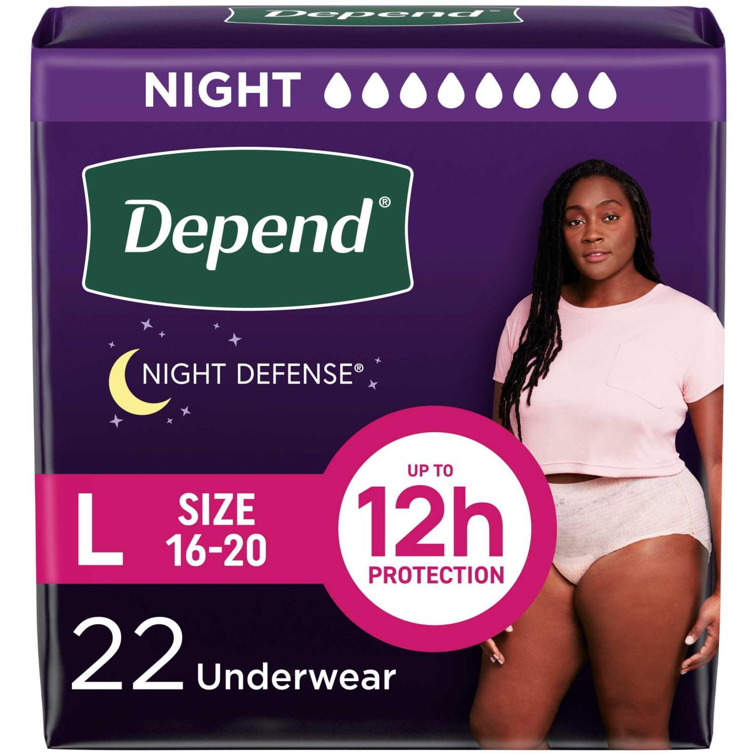 slide 1 of 7, Depend Night Defense Adult Incontinence & Postpartum Bladder Leak Underwear for Women, Disposable, Overnight, Large, Blush, 22 Count, 22 ct