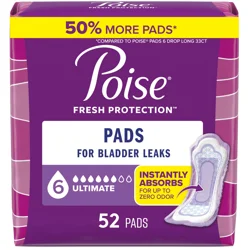 Poise Incontinence Pads & Postpartum Incontinence Pads, 6 Drop Ultimate Absorbency, Regular Length, 52 Count
