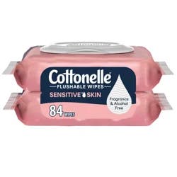 Cottonelle Fragrance Free Flushable Wet Wipes, Adult Wet Wipes, 2 Flip-Top Packs, 42 Wipes Per Pack