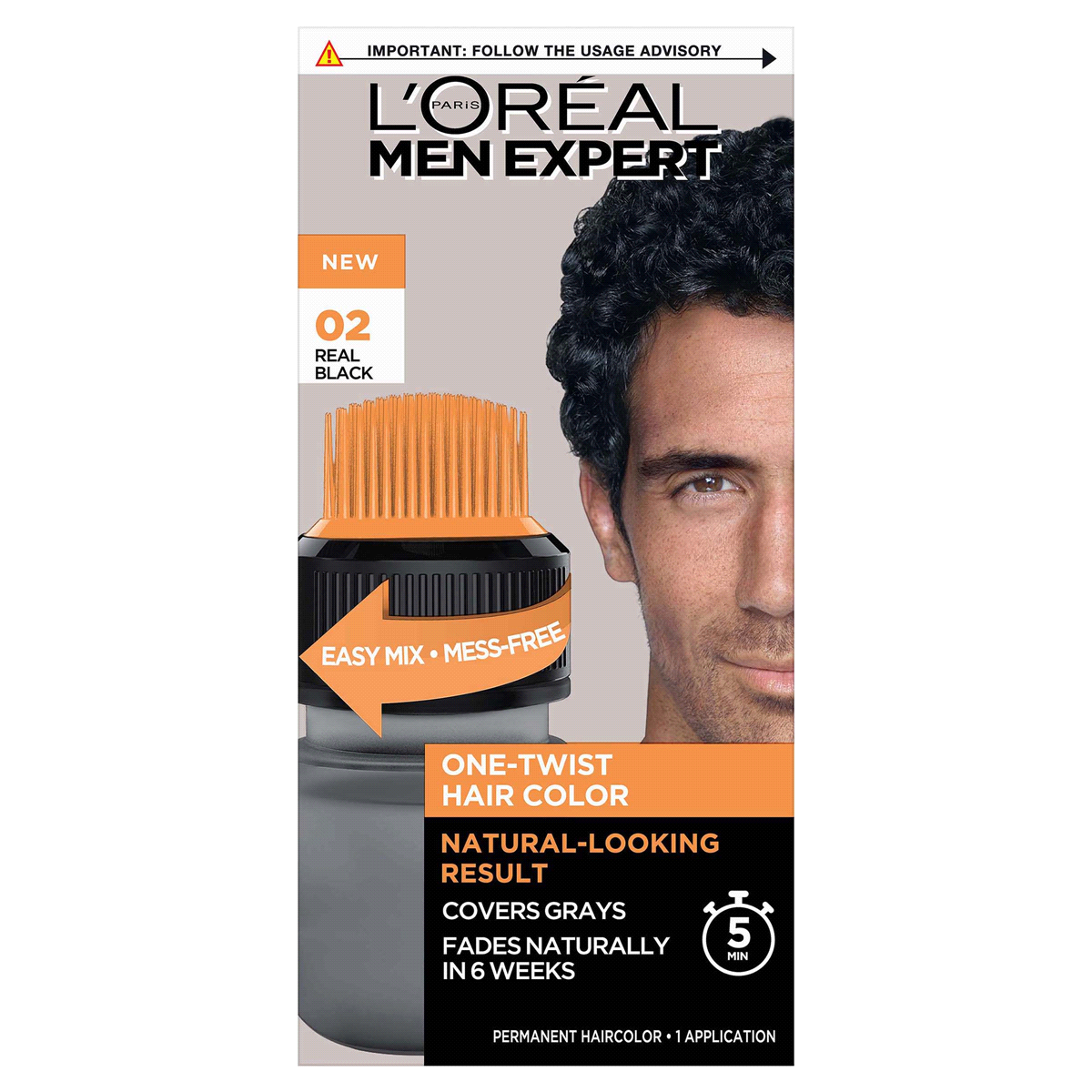 slide 1 of 29, L'Oreal Paris Men Expert One Twist Hair Color, No Mix, No mess, Real Black 02, 1 kit, 1 ct