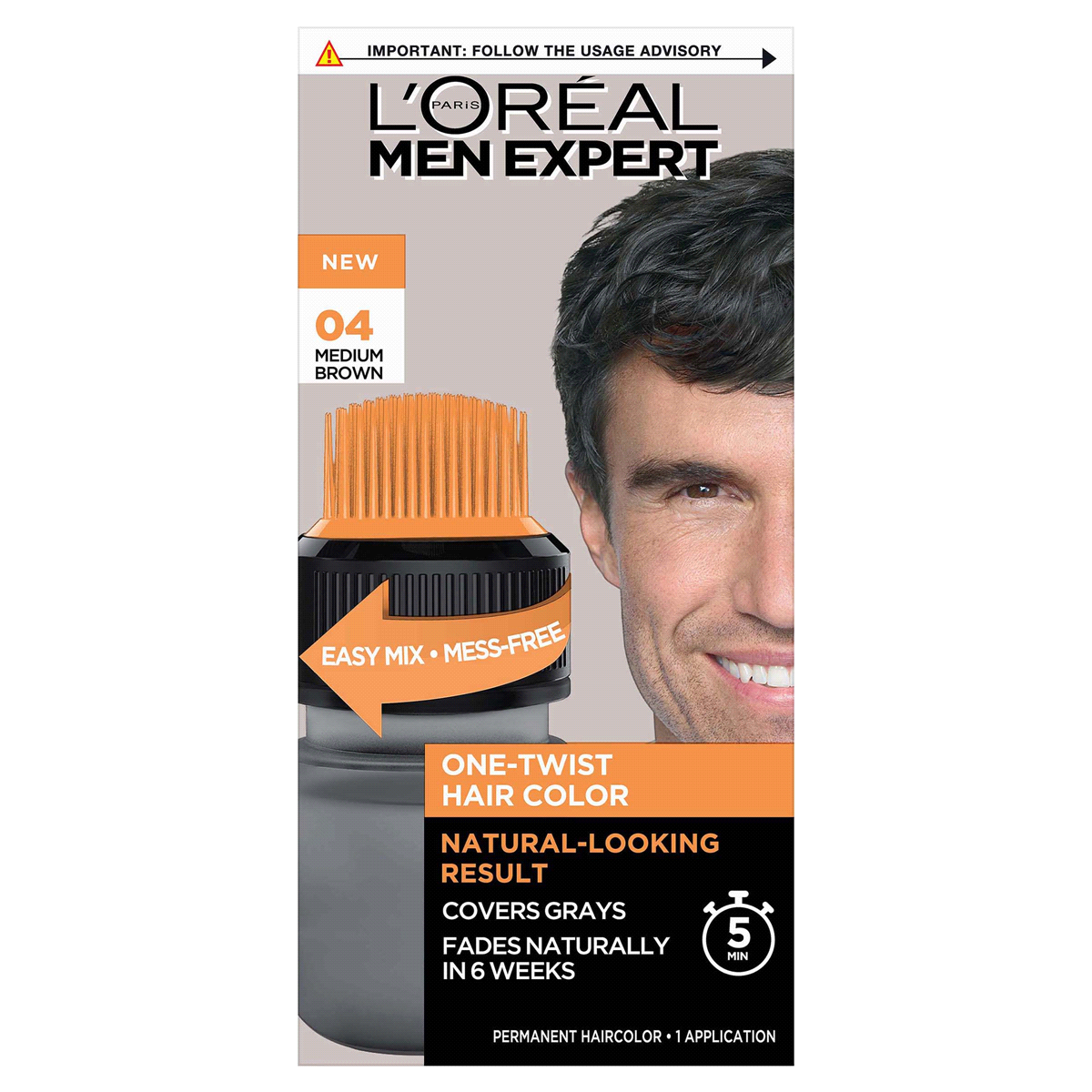 slide 1 of 1, L'Oreal Paris Men Expert One Twist Hair Color, No Mix, No mess, Medium Brown 04, 1 kit, 1 ct