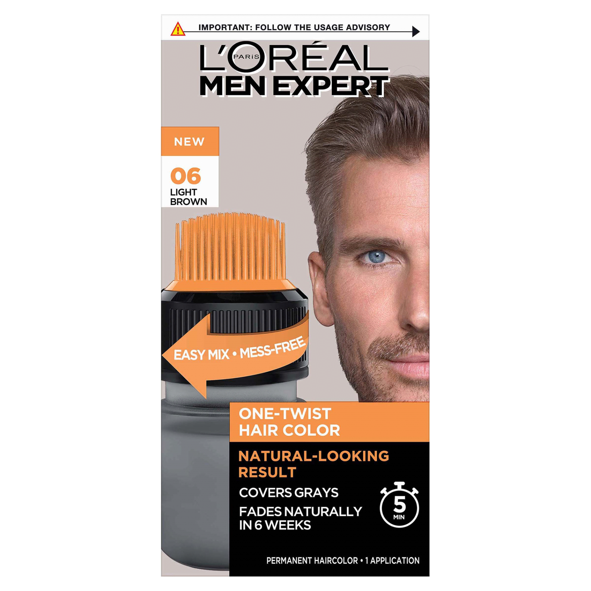 slide 1 of 1, L'Oreal Paris Men Expert One Twist Hair Color, No Mix, No mess, Light Brown 06, 1 kit, 1 ct