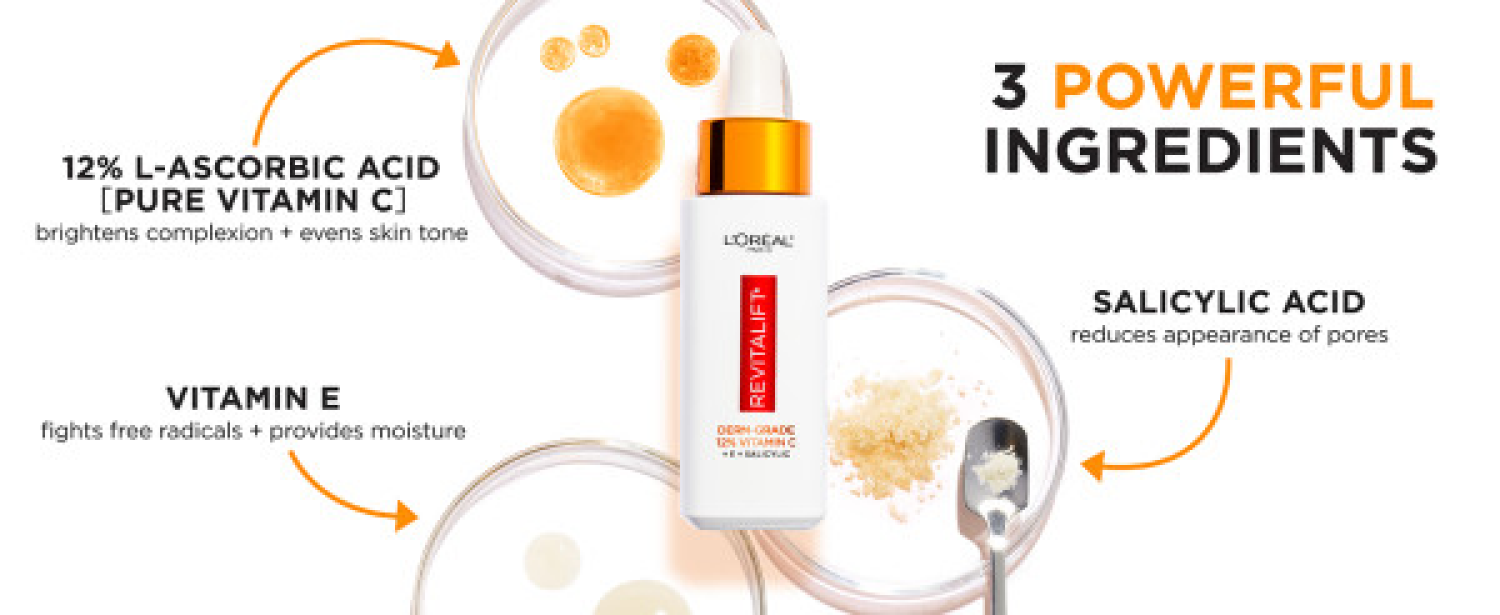 slide 5 of 5, L'Oréal L'Oreal Paris Revitalift 12 percent Pure Vitamin C, E, Salicylic Acid Serum, 1 fl oz