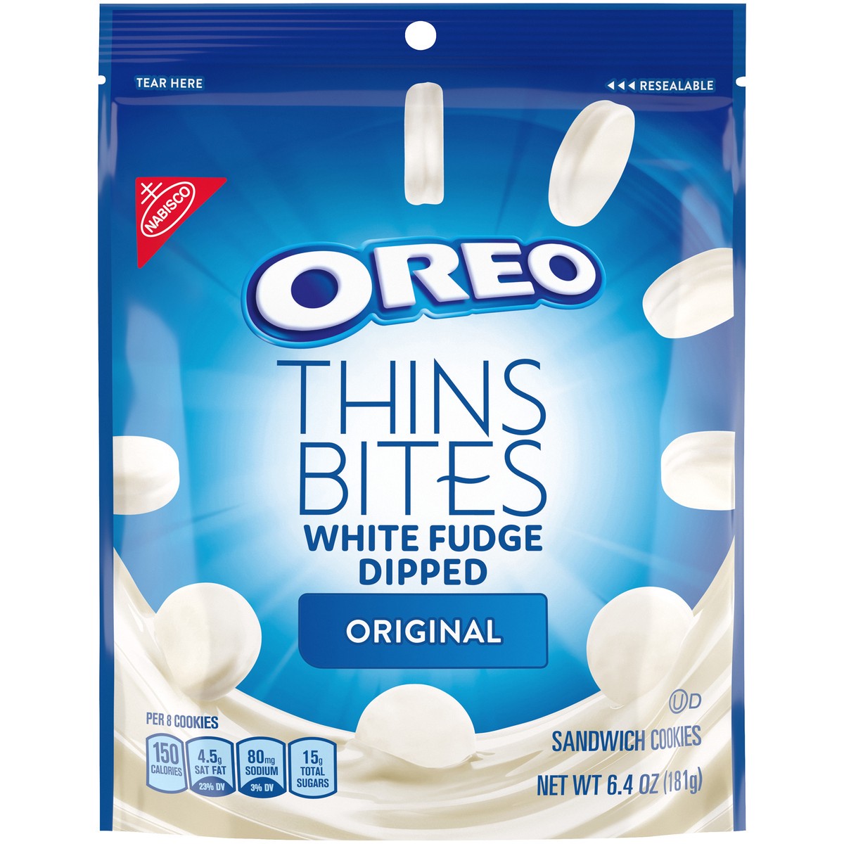 slide 1 of 9, OREO Thins Bites Original Creme Fudge Dipped White Chocolate Sandwich Cookies, 6.4 oz, 0.40 lb