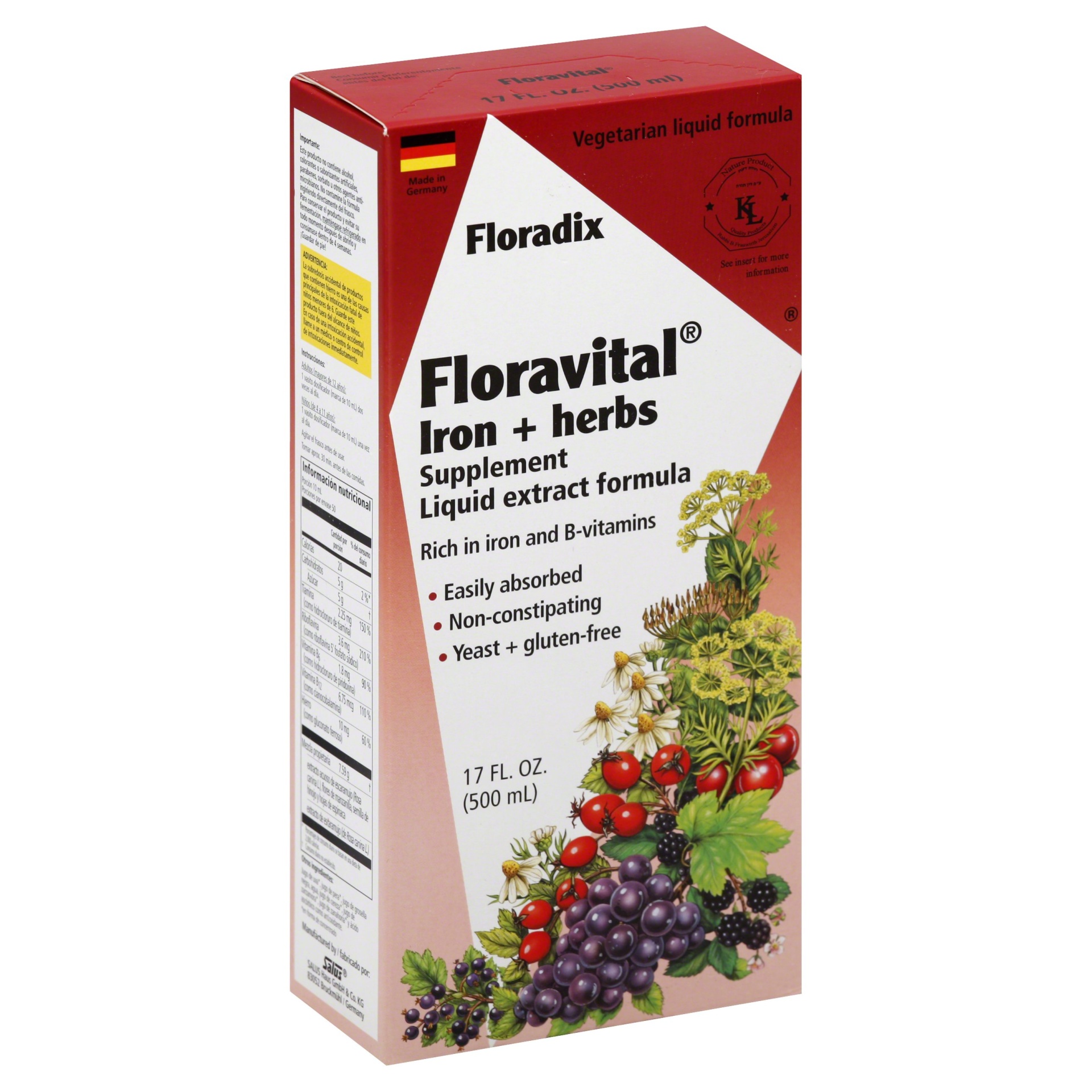 slide 1 of 1, Floradix Floravital Iron + Herb Yeast Free Formula, 17 oz