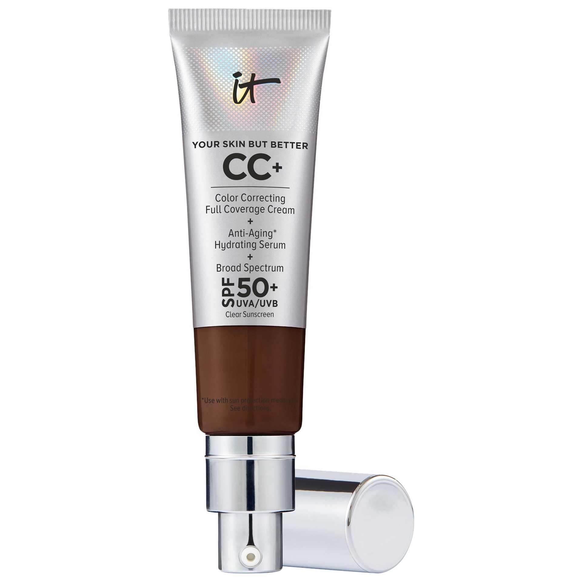 slide 1 of 9, IT Cosmetics CC+ Cream Full Coverage Color Correcting Foundation with SPF 50+ Deep Mocha,