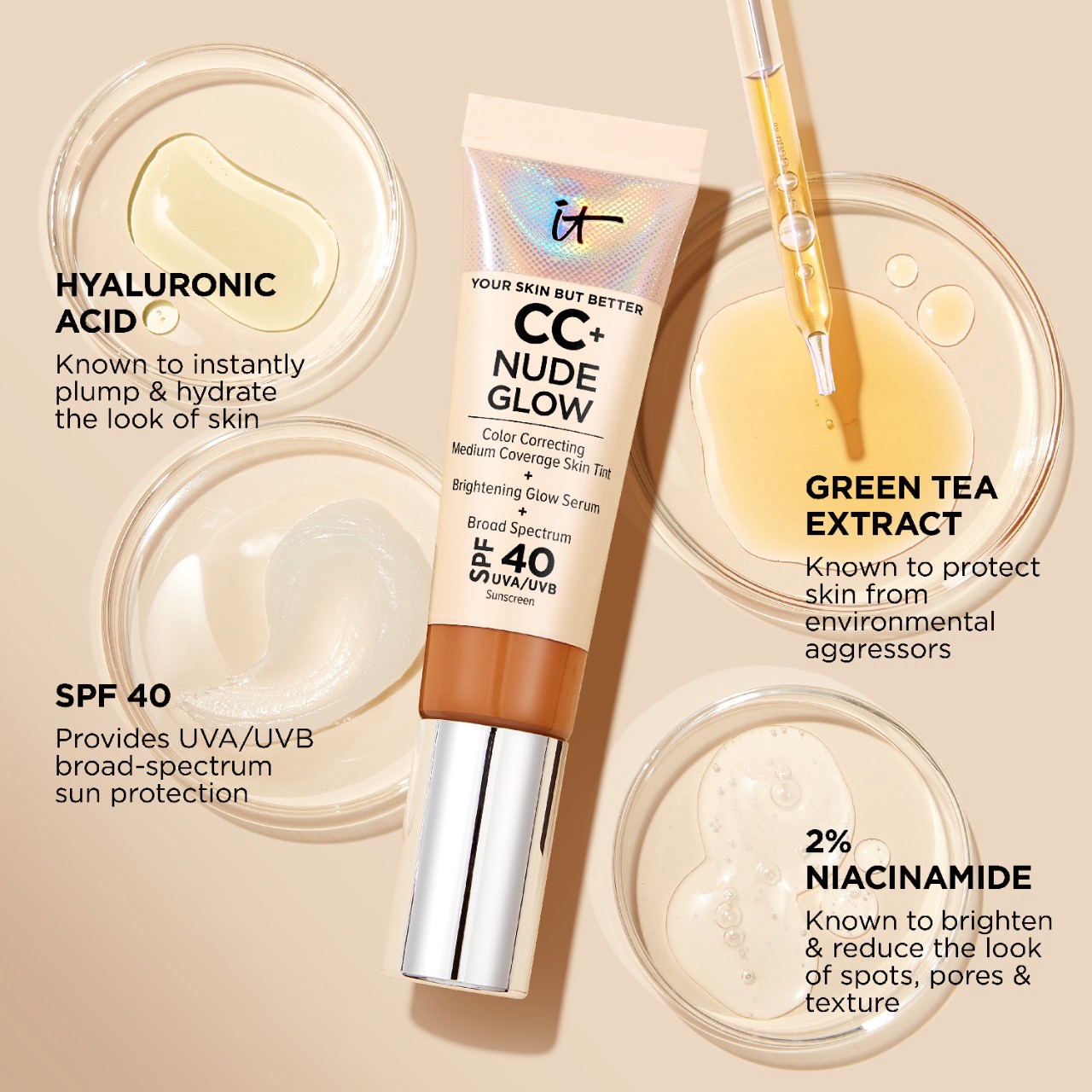 slide 6 of 9, IT Cosmetics CC+ Nude Glow Lightweight Foundation + Glow Serum with SPF 40 and Niacinamide Neutral Tan,