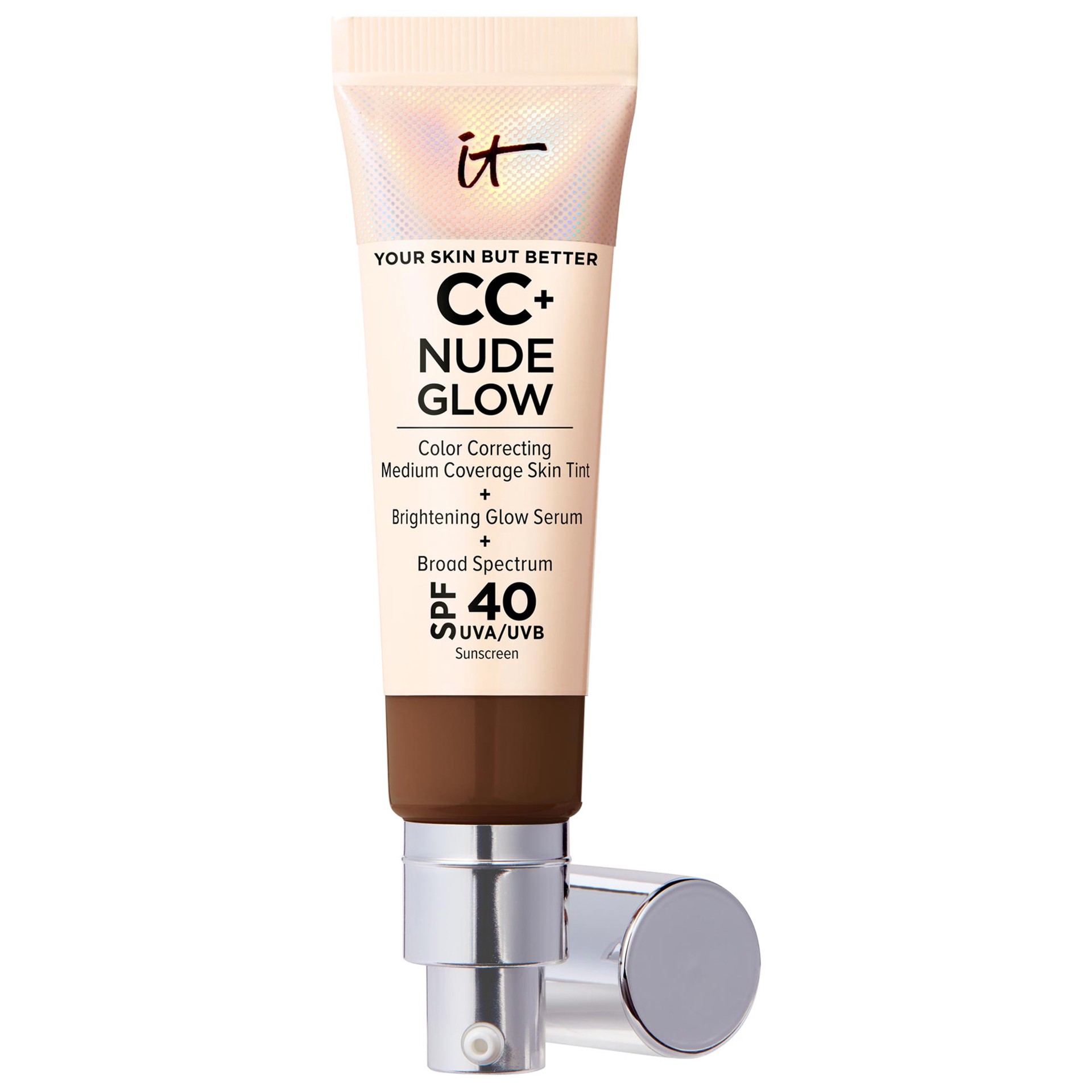 slide 1 of 9, IT Cosmetics CC+ Nude Glow Lightweight Foundation + Glow Serum with SPF 40 and Niacinamide Deep Honey,