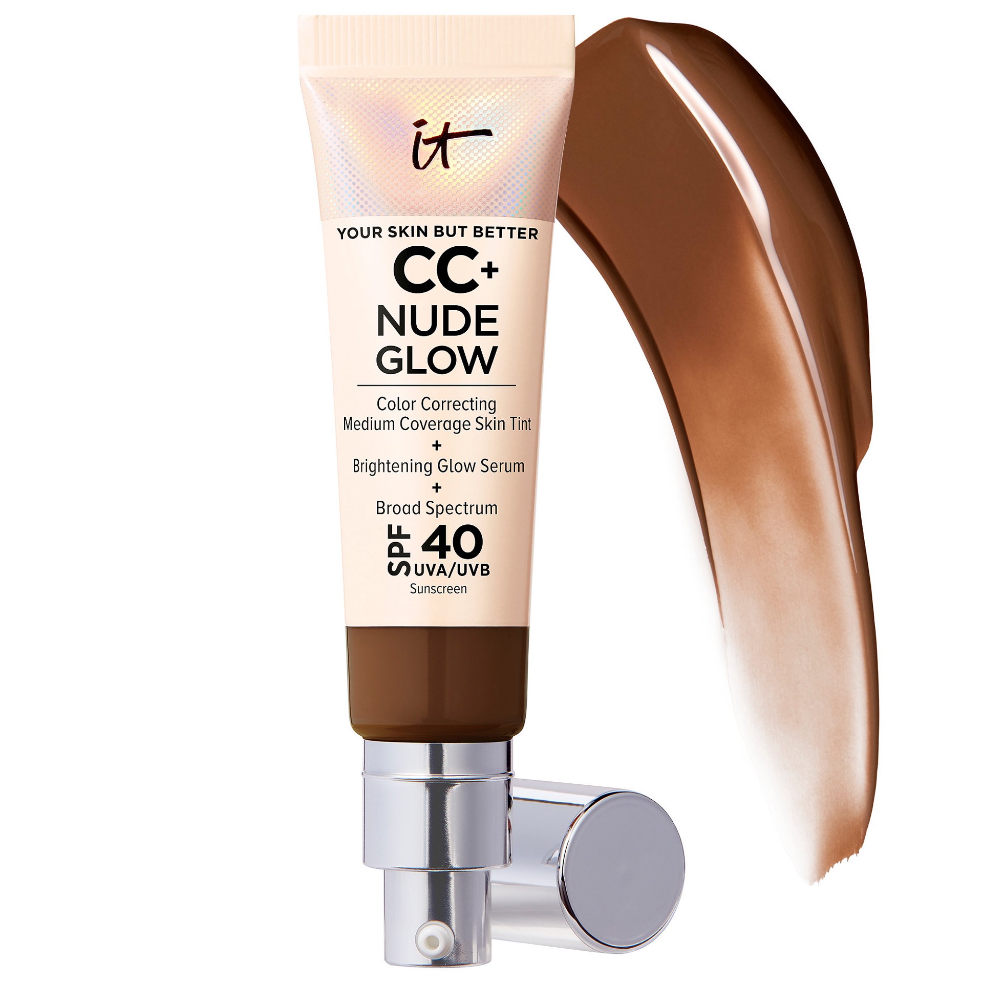slide 1 of 9, IT Cosmetics CC+ Nude Glow Lightweight Foundation + Glow Serum with SPF 40 and Niacinamide Neutral Deep,