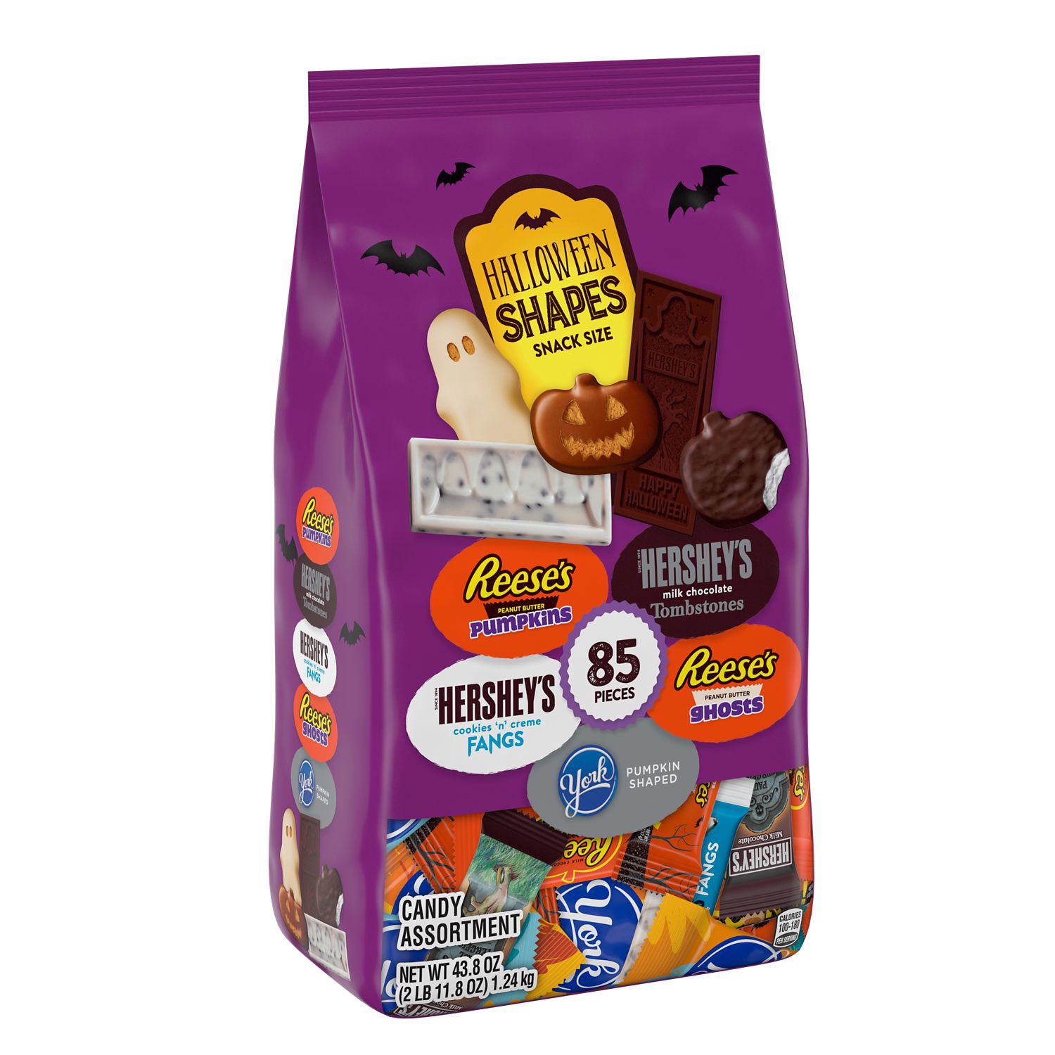 slide 1 of 3, HERSHEY'S, REESE'S and YORK Halloween Shapes Chocolate and White Creme Assortment Snack Size Candy, 43.8 oz, Bulk Variety Bag (85 Pieces), 43.80 oz