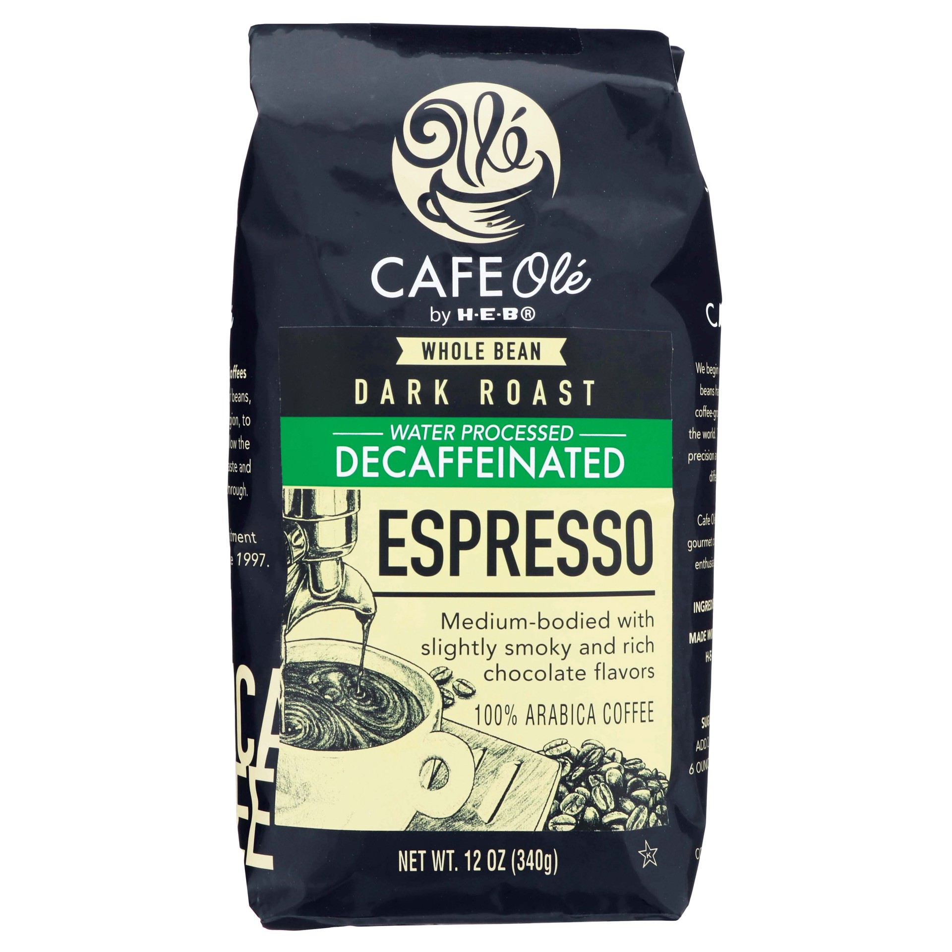 slide 1 of 1, H-E-B Cafe Ole Whole Bean Espresso Decaf Dark Roast Coffee - 12 oz, 12 oz