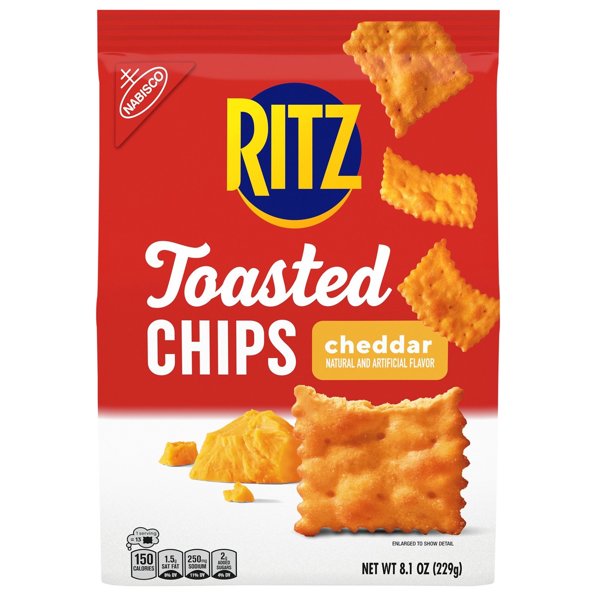 slide 1 of 9, RITZ Toasted Chips Cheddar Crackers, Party Snacks, 8.1 oz, 8.1 oz