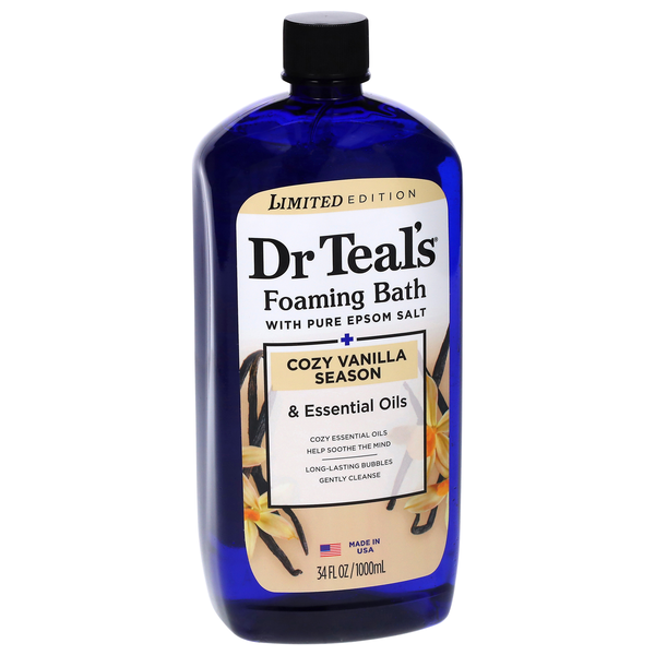 slide 1 of 1, Dr. Teal's Cozy Vanilla Season Foaming Bath with Pure Epsom Salt 34 fl oz, 34 fl oz