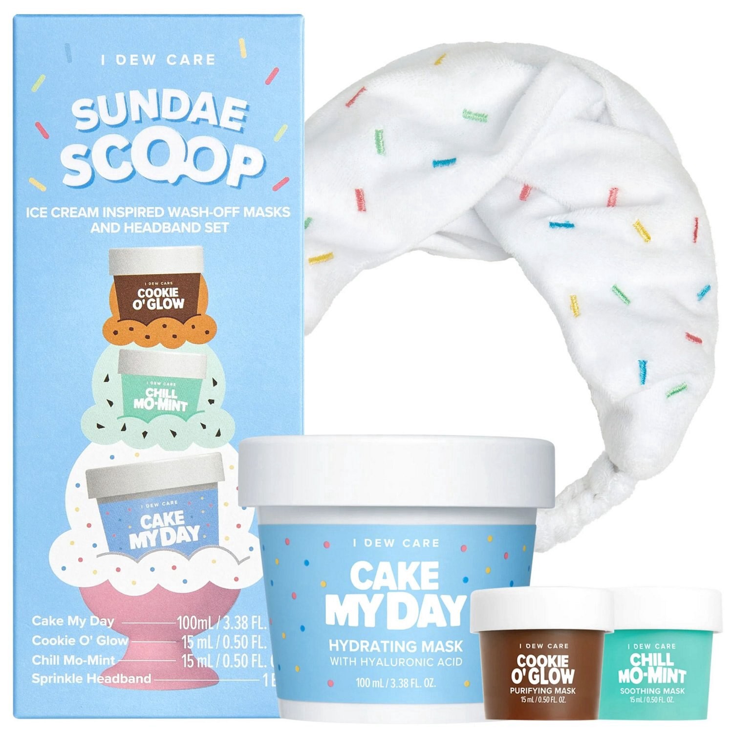 slide 5 of 5, I Dew Care Sundae Scoop Ice Cream Inspired Cookie O' Glow/Chill Mo-Mint/Cake My Day Wash-Off Masks and Headband Set 1 ea, 1 ct