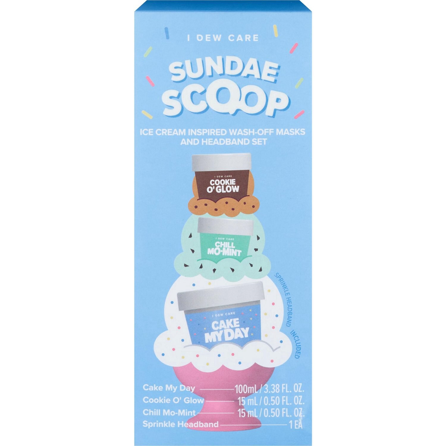 slide 1 of 5, I Dew Care Sundae Scoop Ice Cream Inspired Cookie O' Glow/Chill Mo-Mint/Cake My Day Wash-Off Masks and Headband Set 1 ea, 1 ct