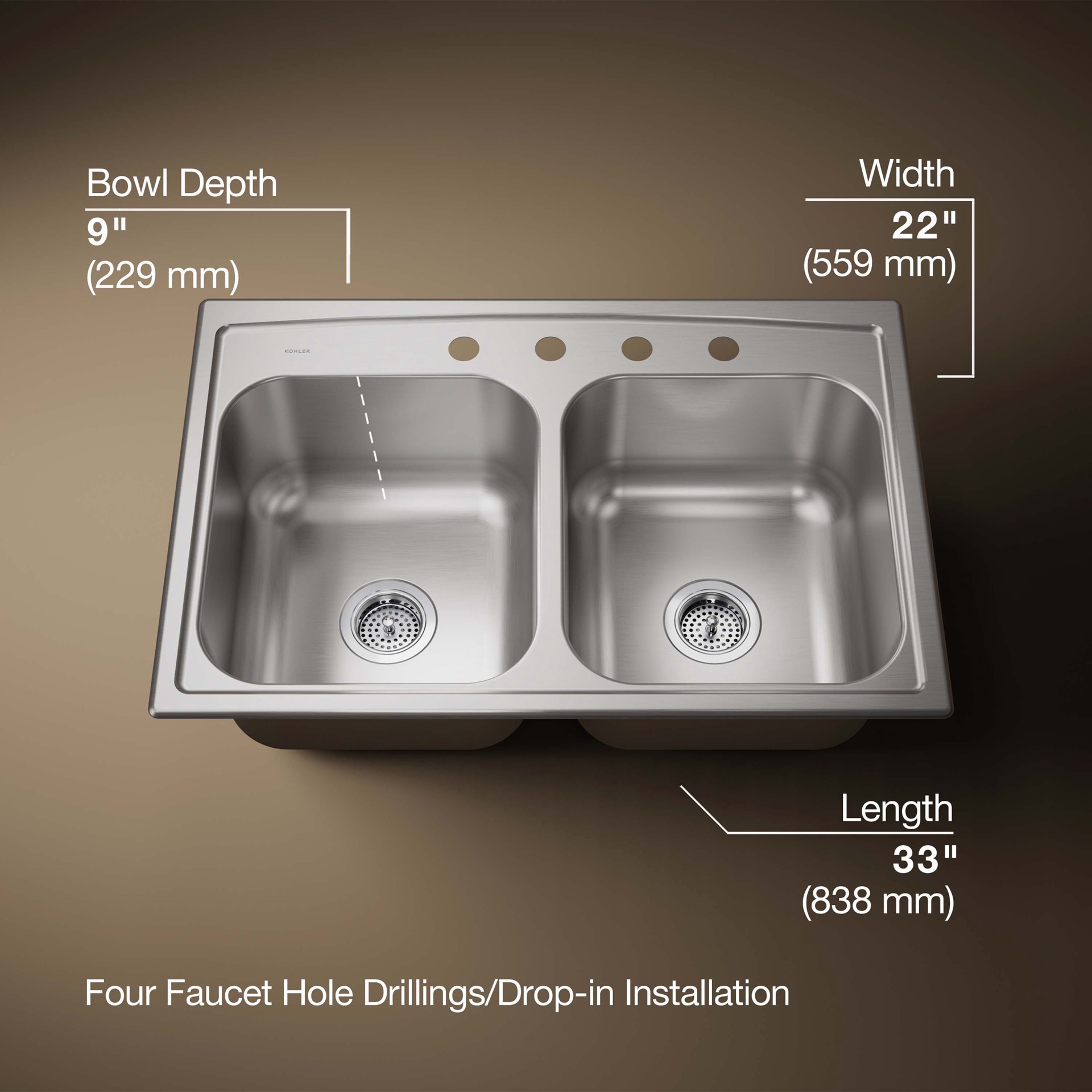 slide 4 of 6, KOHLER Toccata Drop-in 33-in x 22-in Stainless steel Double equal bowl 18 -Gauge Kitchen Sink, 1 ct