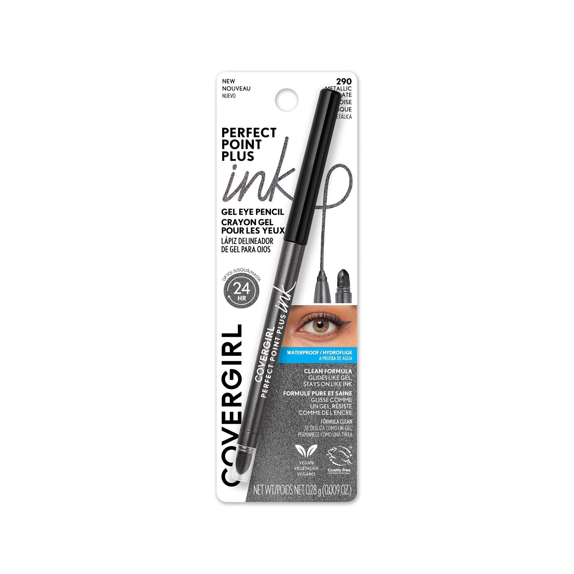 slide 5 of 13, Covergirl Perfect Point Plus Ink Gel Eye Pencil, Pigmented, Long-Wearing, Vegan Formula, Metallic Slate 290, 0.01oz (0.28g), 0.28 g