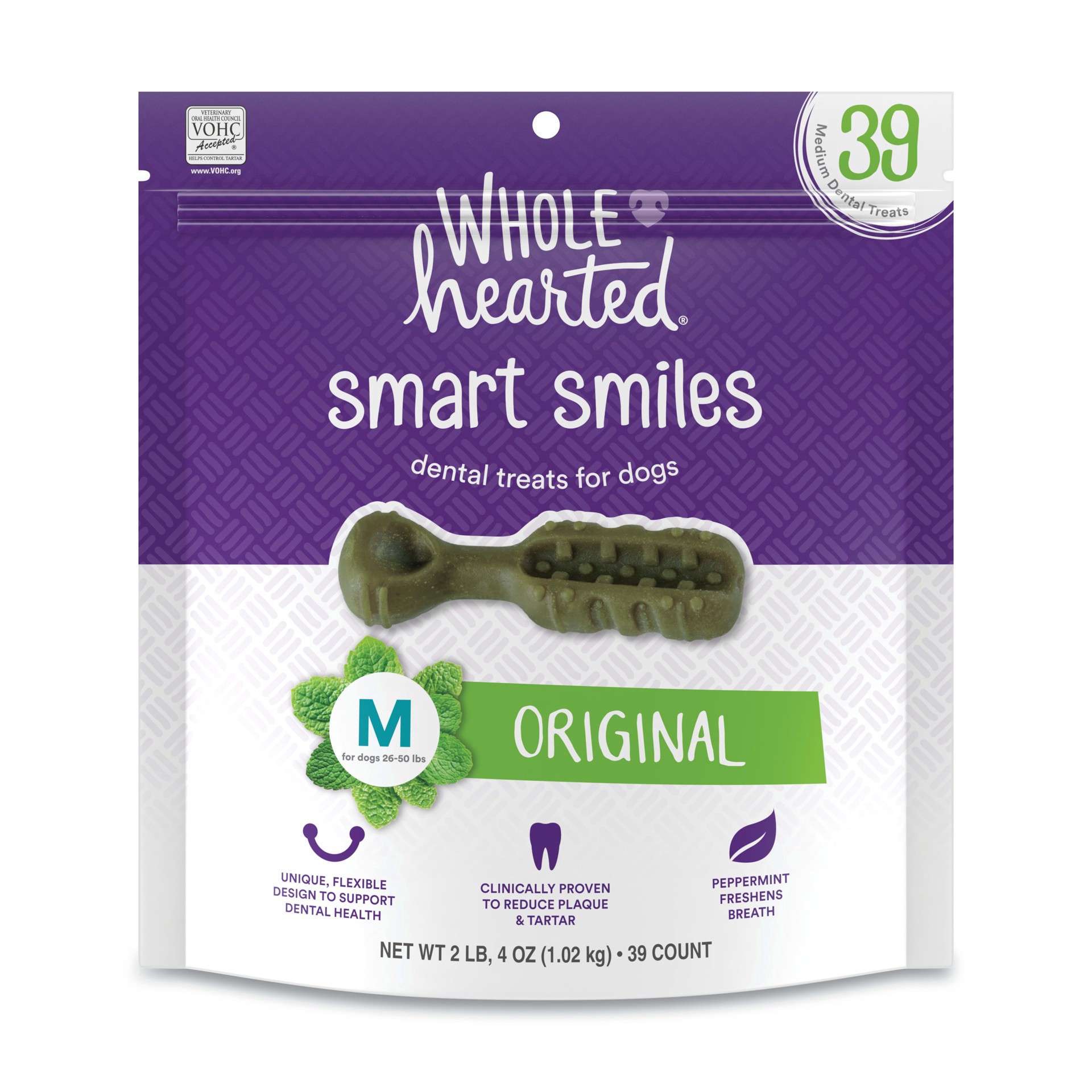 slide 1 of 1, WholeHearted Smart Smiles Original Flavor Dog Treats, 36 oz., Count of 39, 1 ct