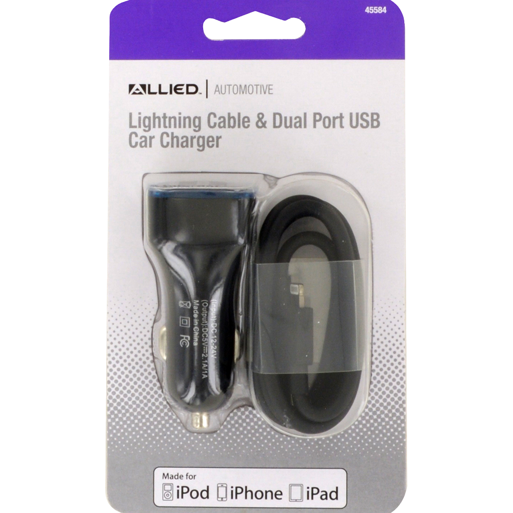 slide 1 of 1, Allied Lightning Cable And Dual Port Usb Car Charger, 1 ct