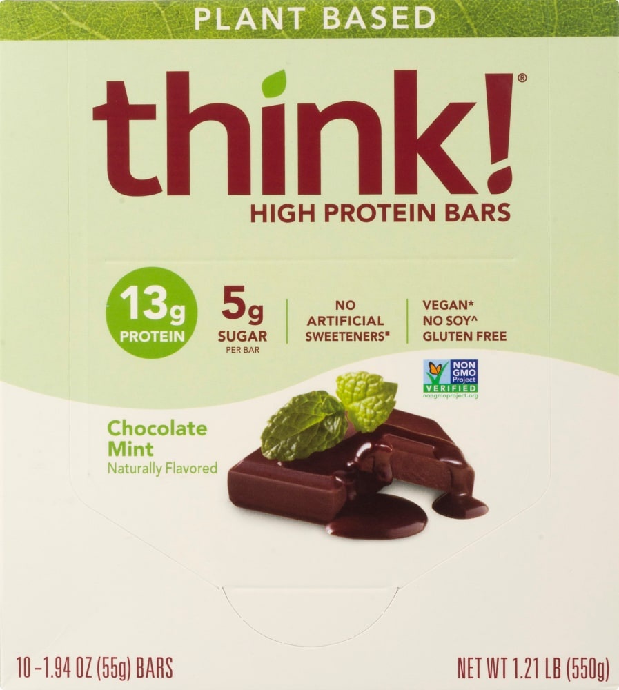 slide 1 of 1, think! Think Thin Chocolate Mint Plant Based High Protein Bars Caddies, 10 ct; 1.94 oz
