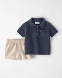 Baby Boy 2-Piece Organic Cotton Sweater Knit Top & Short Set, Merchant Navy/Oatmeal Khaki, 3m