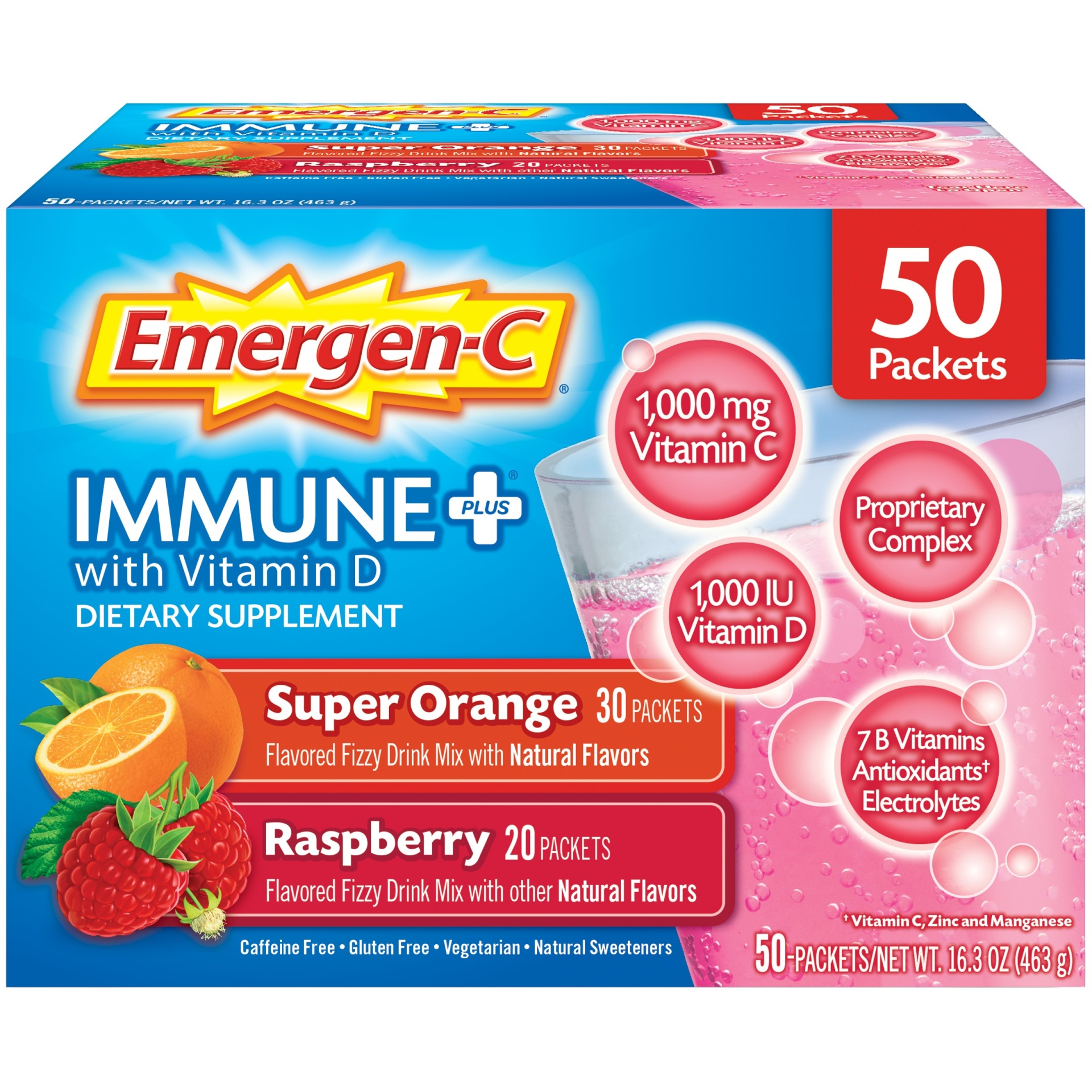 slide 1 of 3, Emergen-C Immune+ - Orange & Raspberry, 50 ct