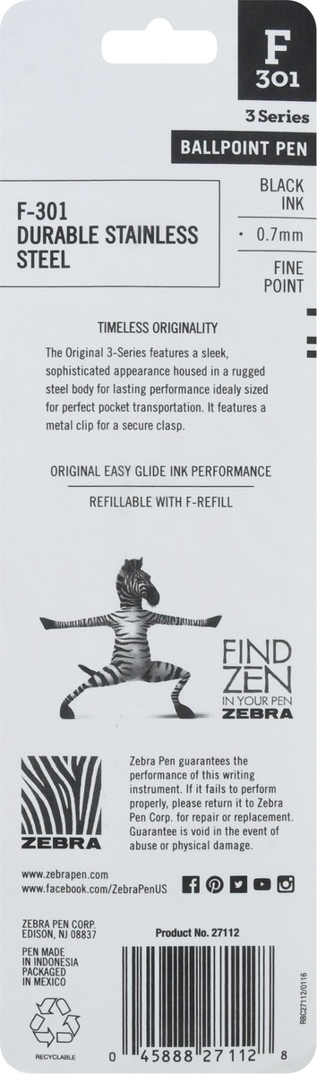 slide 5 of 9, Zebra 2ct F-301 Ballpoint Pens Black Ink Fine .7mm, 2 ct