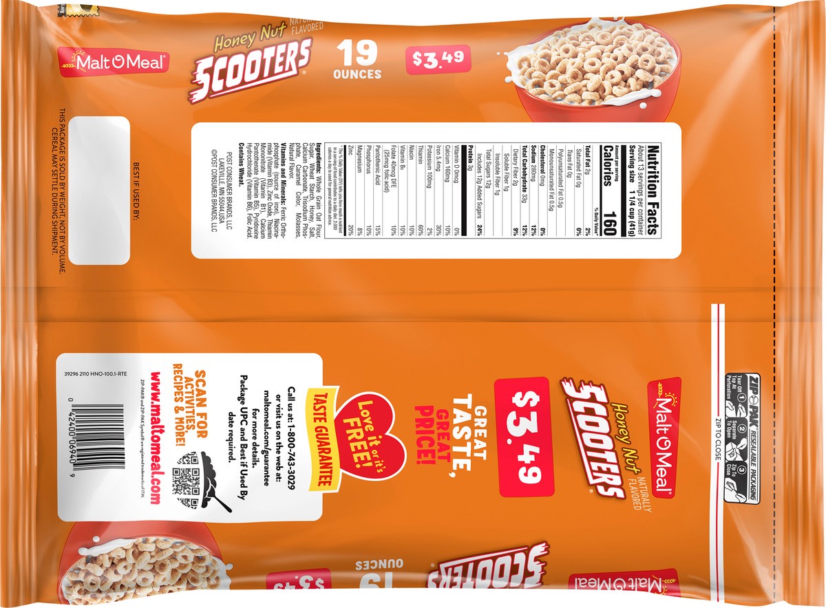 slide 2 of 11, Malt-O-Meal Honey Nut Scooters Breakfast Cereal, Oat Cereal, 19 OZ bag, 19 oz