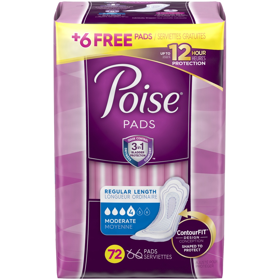 slide 1 of 3, Poise Incontinence Pads, Moderate Absorbency, Regular, 72 Count (2 Cases), 1 ct