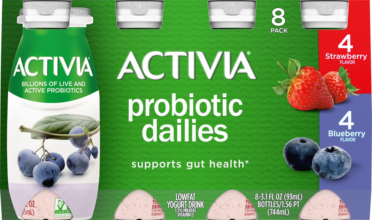 slide 4 of 7, Activia Probiotic Dailies Strawberry & Blueberry Yogurt Drink, Variety Pack, 3.1 fl oz