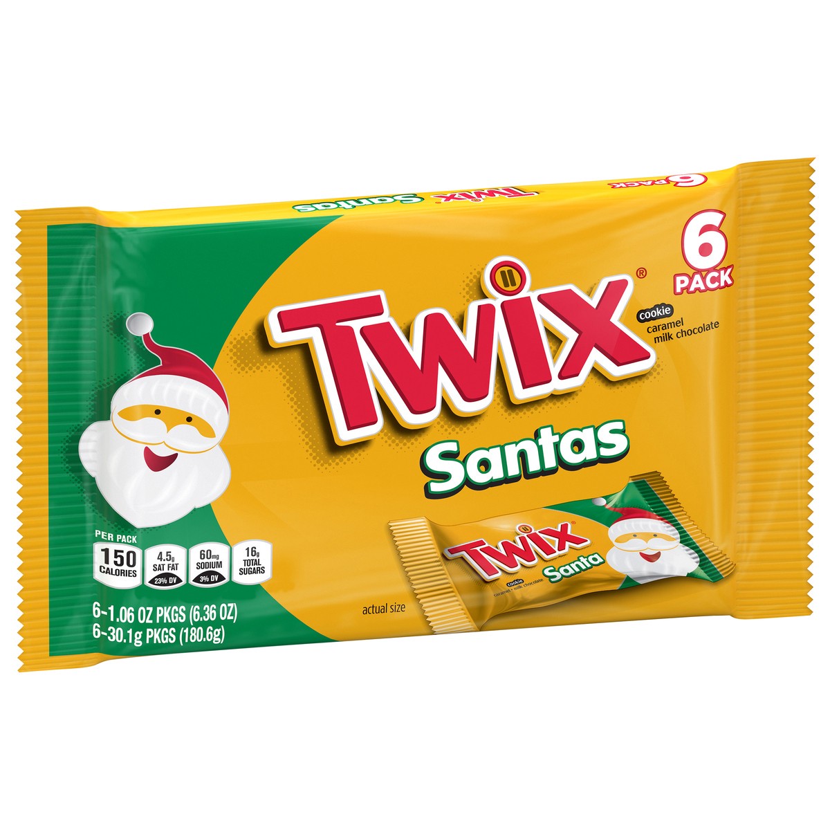 slide 2 of 7, TWIX Caramel Singles Size Cookie Bar Christmas Candy Santas, 1.06-Ounce Bars 6-Count Pack, 6.36 oz