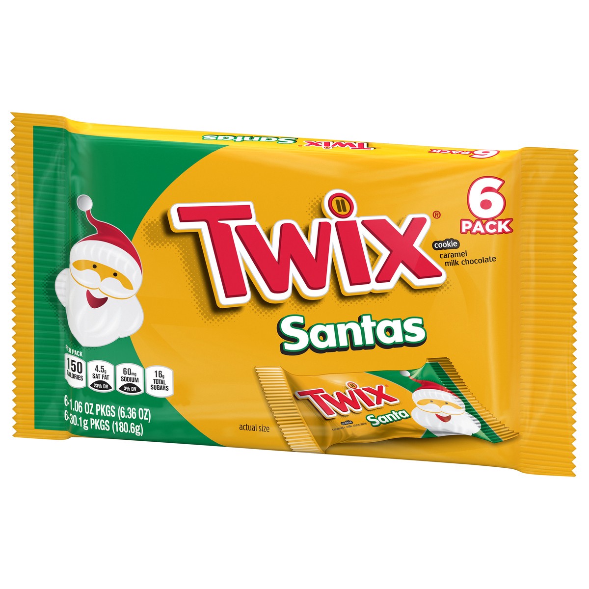 slide 4 of 7, TWIX Caramel Singles Size Cookie Bar Christmas Candy Santas, 1.06-Ounce Bars 6-Count Pack, 6.36 oz