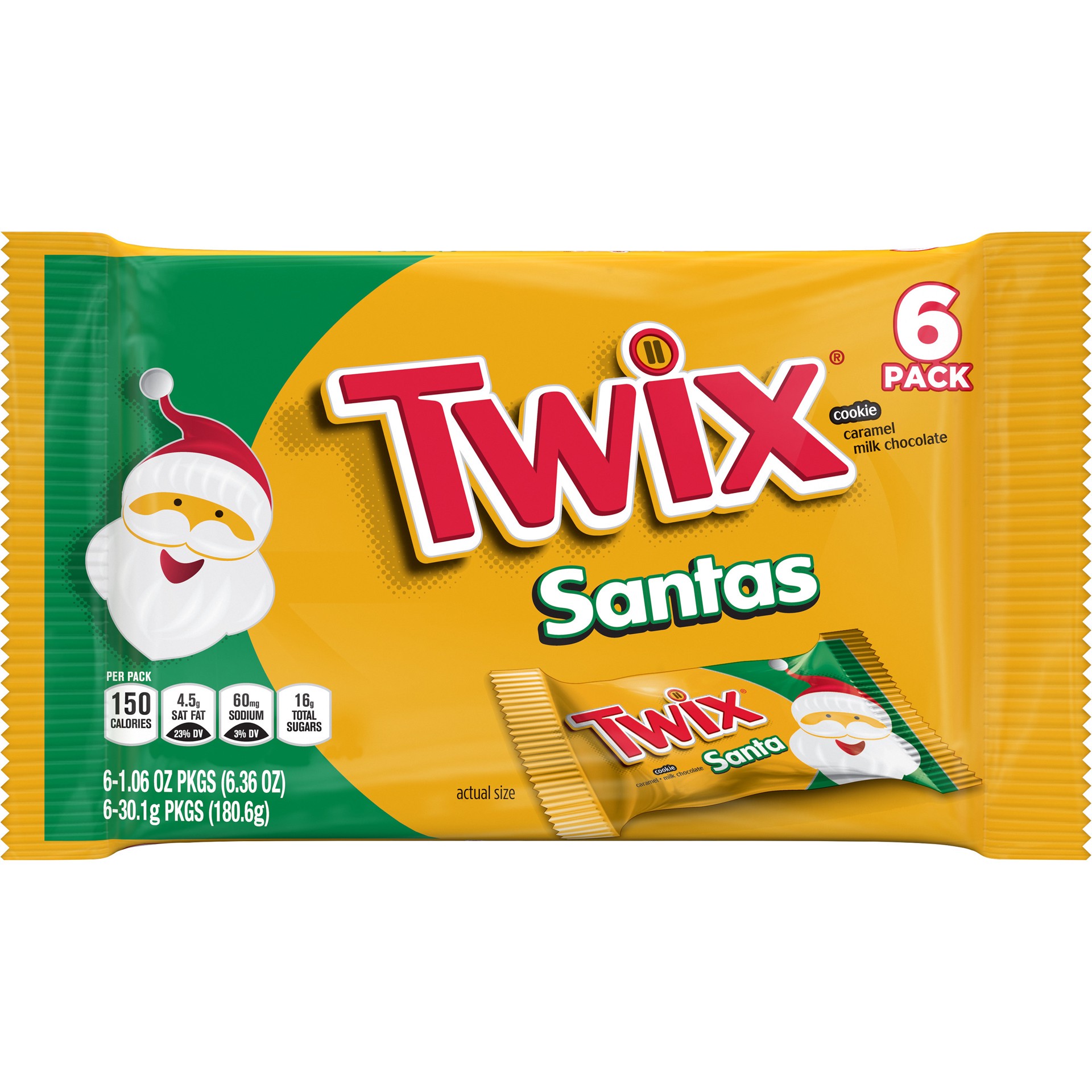 slide 1 of 7, TWIX Caramel Singles Size Cookie Bar Christmas Candy Santas, 1.06-Ounce Bars 6-Count Pack, 6.36 oz