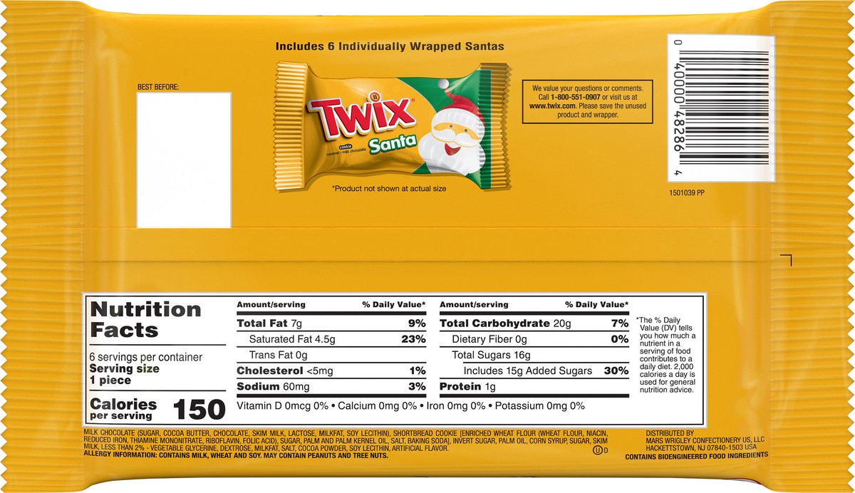 slide 5 of 7, TWIX Caramel Singles Size Cookie Bar Christmas Candy Santas, 1.06-Ounce Bars 6-Count Pack, 6.36 oz