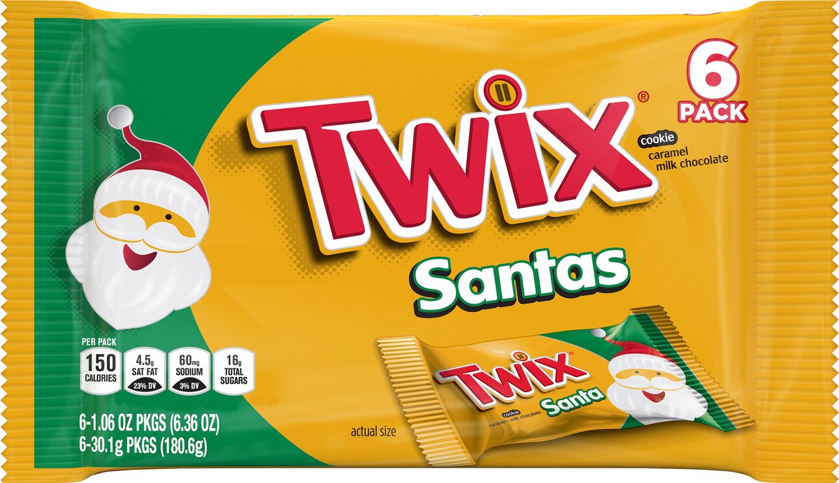 slide 6 of 7, TWIX Caramel Singles Size Cookie Bar Christmas Candy Santas, 1.06-Ounce Bars 6-Count Pack, 6.36 oz