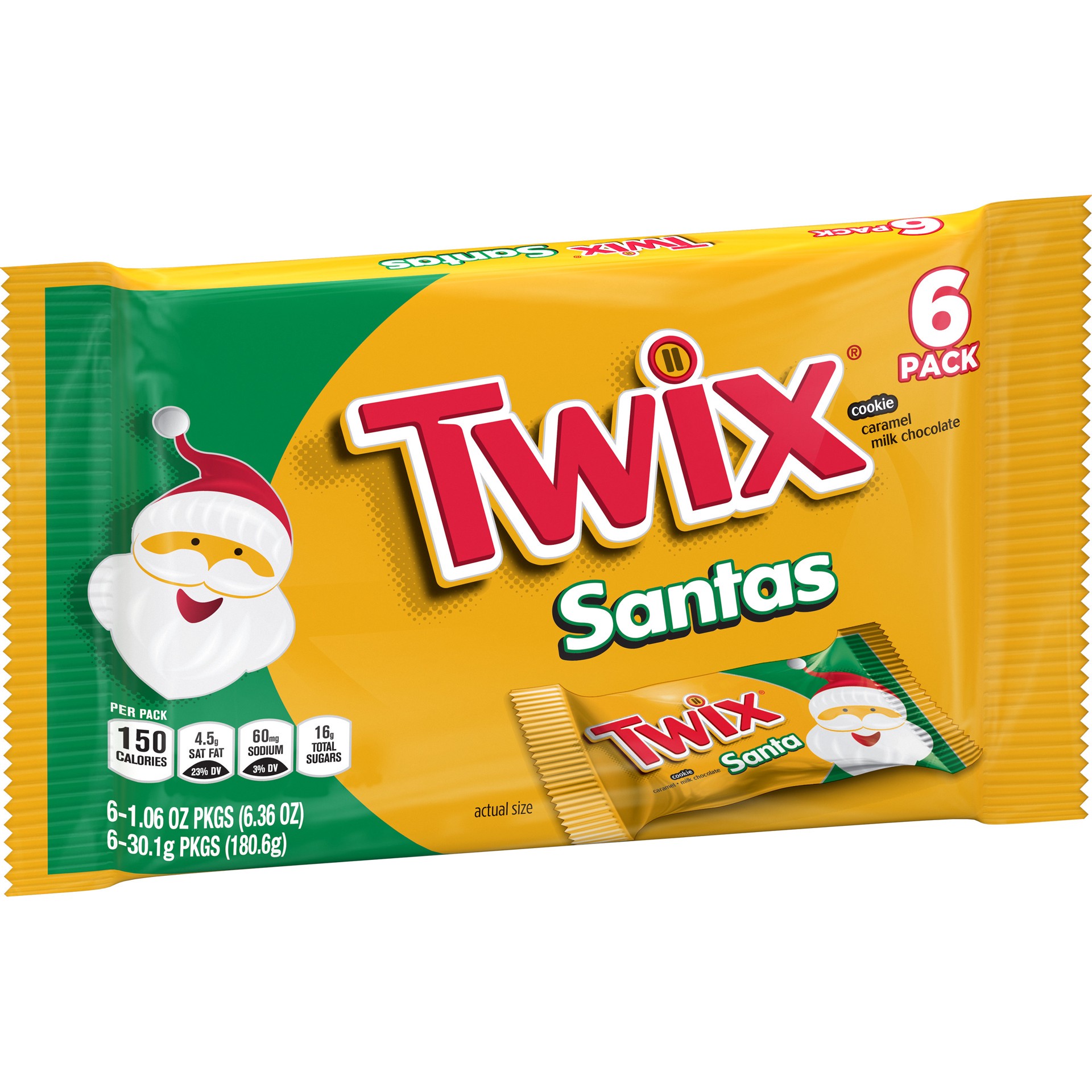 slide 1 of 7, TWIX Caramel Singles Size Cookie Bar Christmas Candy Santas, 1.06-Ounce Bars 6-Count Pack, 6.36 oz