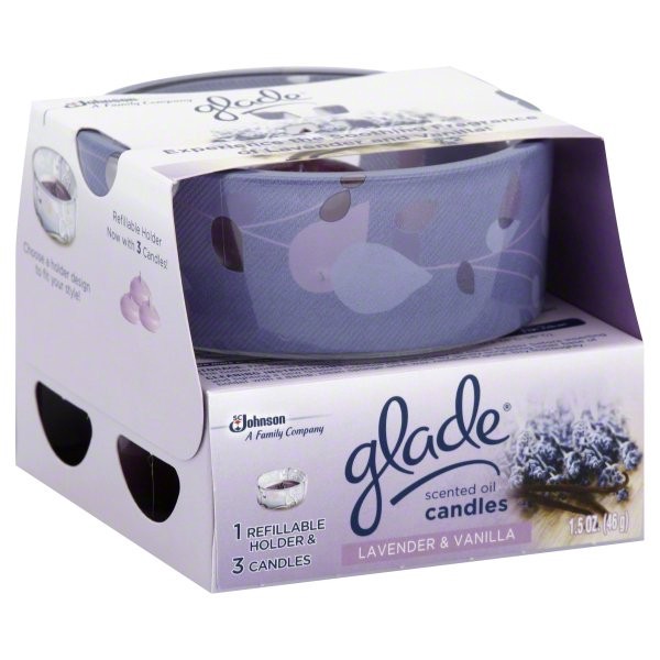 slide 1 of 5, Glade Scented Oil Candles, Lavender & Vanilla, 1.5 oz