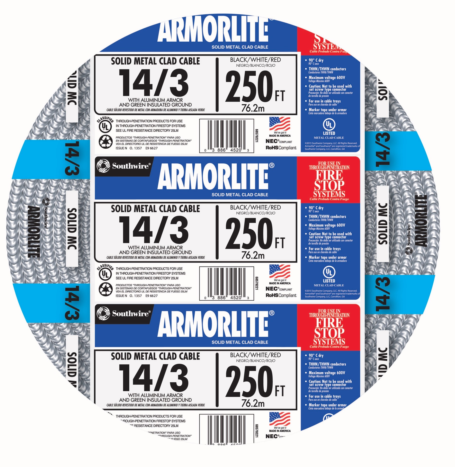 slide 1 of 2, Southwire Armorlite 250-ft 14 / 3 Solid Aluminum MC (Metal Clad) Cable, 1 ct