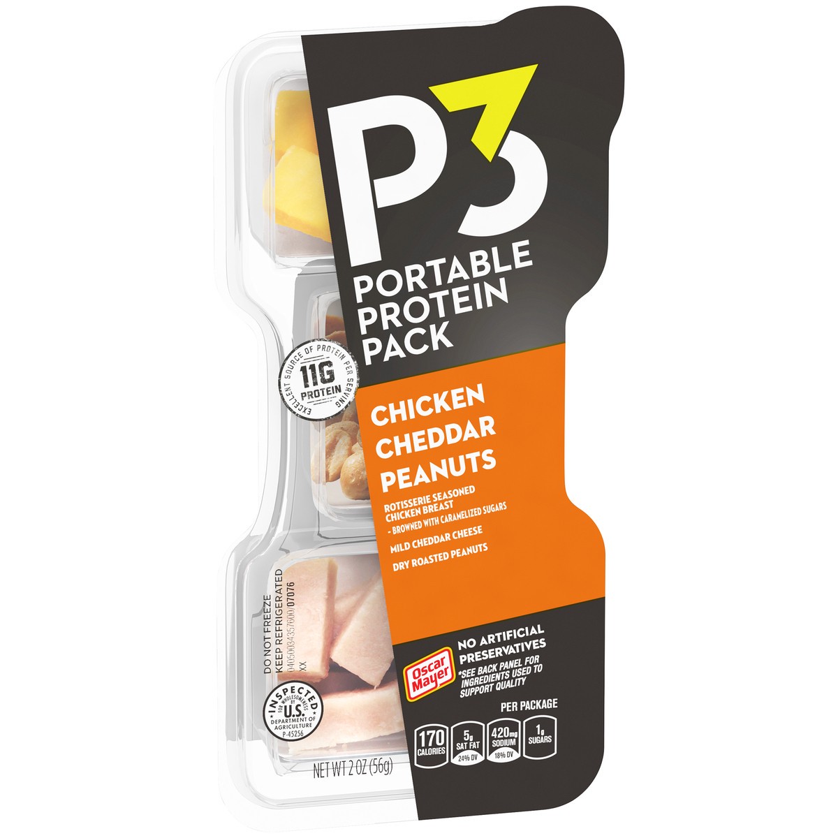 slide 8 of 9, P3 Portable Protein Snack Pack with Chicken, Peanuts & Cheddar Cheese, 2 oz Tray, 2 oz