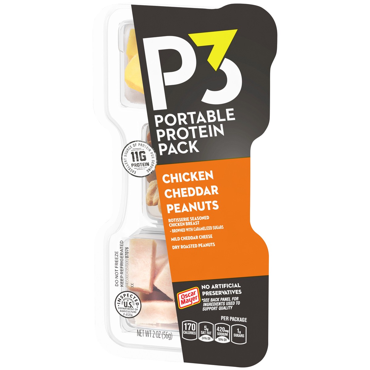 slide 2 of 9, P3 Portable Protein Snack Pack with Chicken, Peanuts & Cheddar Cheese, 2 oz Tray, 2 oz
