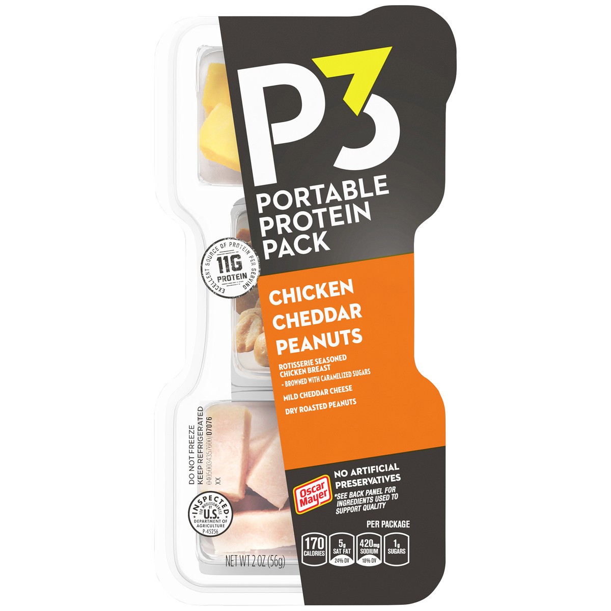 slide 6 of 9, P3 Portable Protein Snack Pack with Chicken, Peanuts & Cheddar Cheese, 2 oz Tray, 2 oz