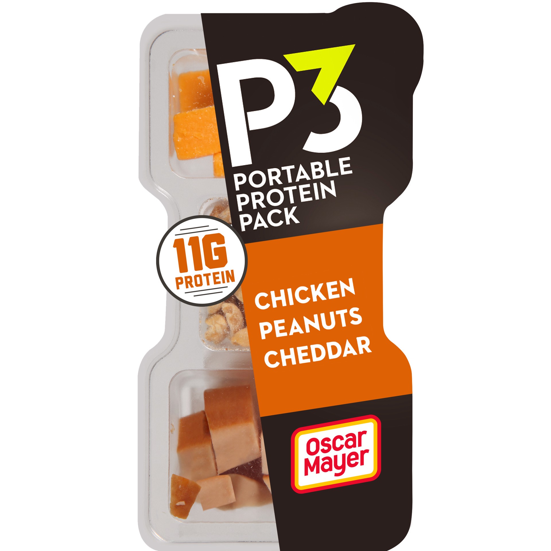 slide 1 of 9, P3 Portable Protein Snack Pack with Chicken, Peanuts & Cheddar Cheese, 2 oz Tray, 2 oz