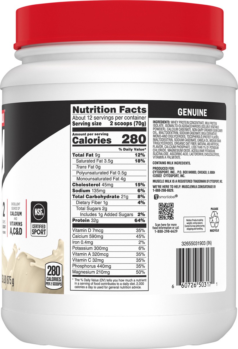 slide 2 of 5, Muscle Milk Genuine Vanilla Protein Powder, 30.90 oz